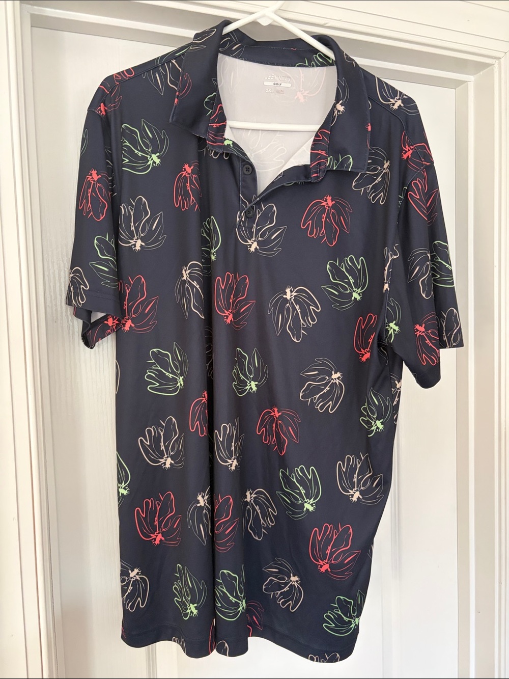 bcg Navy Polo with Coral, Green and Cream Floral Outline Print